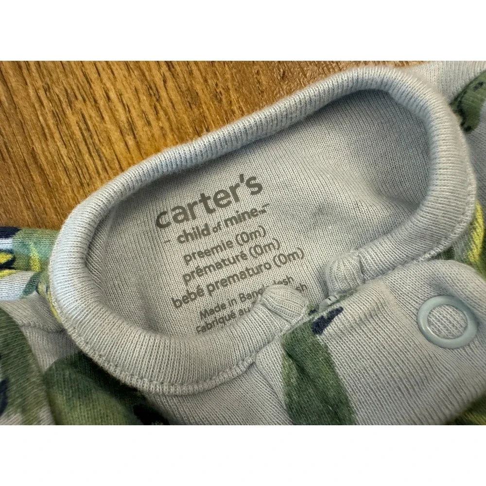 Carters Preemie Baby Boy Sleeper Dinosaur Outfit Blue Green Reborn Doll Cotton 1
